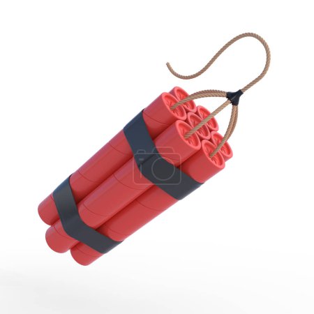 Foto de Paquete de palos de dinamita roja, TNT con mecha aislada sobre fondo blanco. Suministros explosivos. Ilustración de representación 3D - Imagen libre de derechos