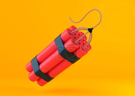 Paquete de palos de dinamita roja, TNT con mecha sobre fondo amarillo. Suministros explosivos. Concepto mínimo creativo. Ilustración de representación 3D