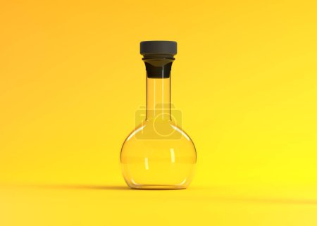 Foto de Frasco vacío sobre fondo amarillo. Matraz químico, cristalería de laboratorio, equipo. Concepto mínimo. Ilustración de representación 3d - Imagen libre de derechos