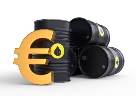 Téléchargez les photos : Baril de pétrole et euro doré signe sur fond blanc. Prix du pétrole inflation. Illustration de rendu 3D - en image libre de droit