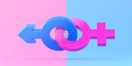 Foto de Símbolos masculinos y femeninos unidos sobre fondo rosa brillante y azul en colores pastel. Concepto minimalista. Símbolos sexuales. Signo de Venus y Marte. Icono de género. Un par de hombres y mujeres. 3d renderizado 3d - Imagen libre de derechos