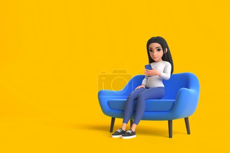Foto de Dibujos animados linda chica divertida en un suéter blanco y jeans está descansando en un sillón con un teléfono en sus manos sobre un fondo amarillo. Mujer de estilo minimalista. Ilustración de personajes. 3d renderizar - Imagen libre de derechos
