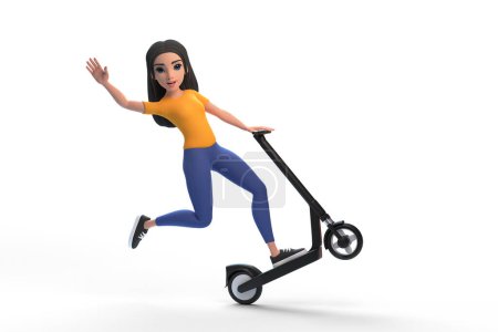 Foto de Dibujos animados linda chica divertida en una camiseta amarilla y jeans monta scooter eléctrico, hace trucos extremos sobre un fondo blanco. Mujer de estilo minimalista. Ilustración de personajes. Renderizado 3D - Imagen libre de derechos