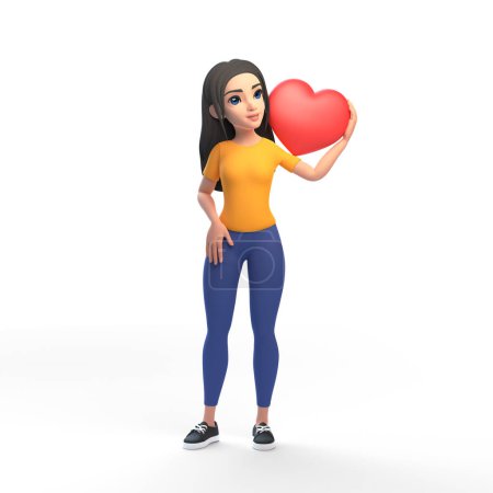 Photo for Cartoon funny cute girl in a yellow T-shirt and jeans holding red heart shape with her hand on a white background. Woman in minimalist style. People characters illustration. 3D rendering illustration - Royalty Free Image