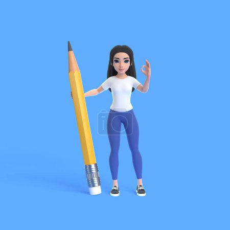 Photo for Cartoon funny cute girl in a yellow T-shirt and jeans holding a huge pencil on a blue background. Woman in minimalist style. People characters illustration. 3D rendering illustration - Royalty Free Image