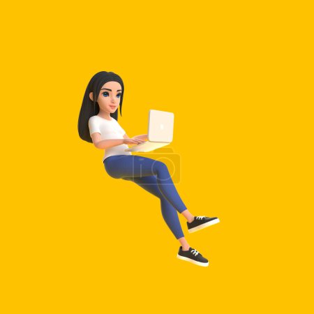Foto de Dibujos animados linda chica divertida en una camiseta blanca y jeans con portátil flotando en el aire en modo de relajación sobre un fondo amarillo. Mujer de estilo minimalista. Ilustración de personajes. Renderizado 3D - Imagen libre de derechos