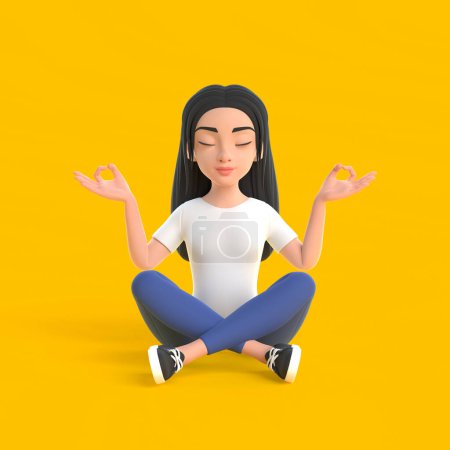 Téléchargez les photos : Dessin animé drôle fille mignonne dans un T-shirt blanc et un jean avec les yeux fermés en position de lotus de yoga sur un fond jaune. Illustration d'une femme méditante assise par terre. rendu 3D - en image libre de droit