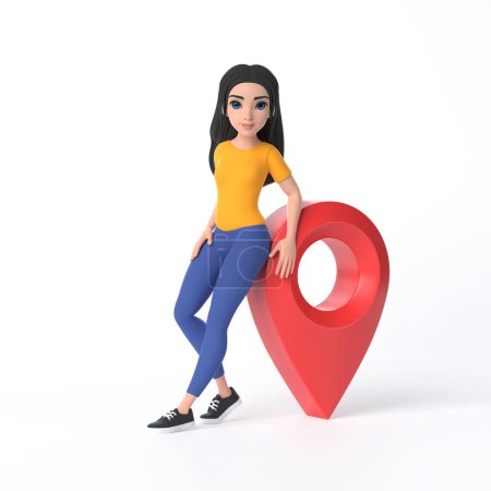 Foto de Dibujos animados linda chica divertida en una camiseta amarilla y pantalones vaqueros al lado de pin mapa rojo sobre un fondo blanco. Mujer de estilo minimalista. Ilustración de personajes. Ilustración de representación 3D - Imagen libre de derechos