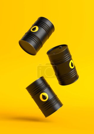 Black barrels of oil fall on a yellow bright background. Oil prices inflation. Creative minimal concept. 3D rendering illustration.