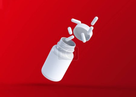 Téléchargez les photos : Pilules blanches volent hors d'une bouteille volante sur fond rouge avec de l'espace de copie. Les concepts de médecine. Concept abstrait minimaliste. Illustration de rendu 3d - en image libre de droit