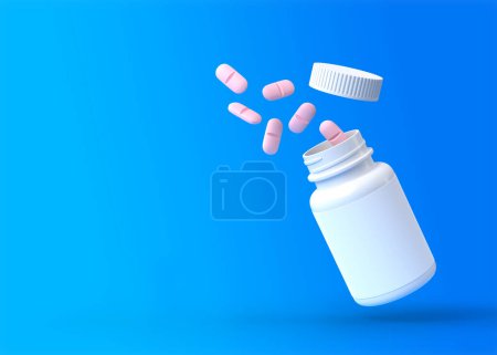 Téléchargez les photos : Les pilules roses tombantes se répandent du flacon de pharmacie blanche sur un fond bleu, un traitement médical, un concept pharmaceutique ou médicamenteux. Illustration de rendu 3D - en image libre de droit