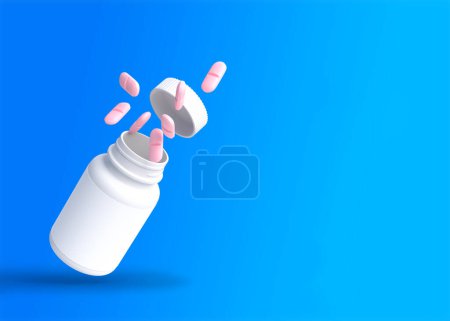 Photo for Tablets or painkillers fly out of the bottle on a medical background with pharmacy and explosion concept. Minimal creative idea. 3D rendering illustration - Royalty Free Image