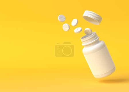 Téléchargez les photos : Pilules volent hors de la bouteille sur fond jaune avec pharmacie et concept d'explosion. Idée créative minimale. Illustration de rendu 3D - en image libre de droit