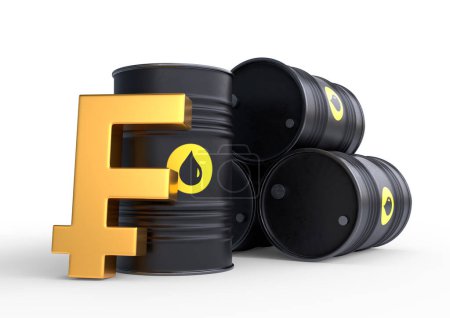 Foto de Cartel de barril de petróleo y franco dorado sobre fondo blanco. Precios del petróleo inflación. Ilustración de representación 3D - Imagen libre de derechos