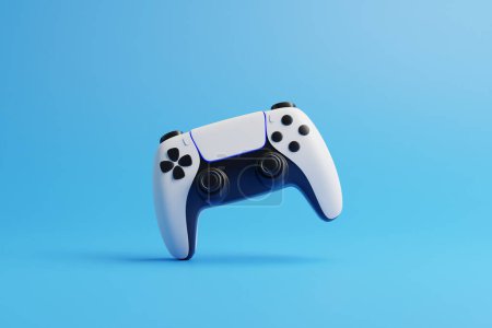 Photo for Flying gamepad on a blue background with copy space. Joystick for video game. Game controller. Creative Minimal Gaming concept. Front view. 3D rendering illustration - Royalty Free Image