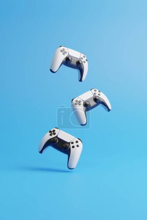 Photo for Flying gamepad on a blue background with copy space. Joystick for video game. Game controller. Creative Minimal Gaming concept. Front view. 3D rendering illustration - Royalty Free Image