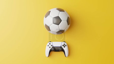 Foto de Gamepad y pelota de fútbol sobre un fondo rosa con espacio de copia. Joystick para videojuegos. Controlador de juego. Concepto de juego mínimo creativo. Vista superior. Ilustración de representación 3D - Imagen libre de derechos