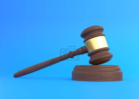 Photo for Wood Judge gavel on blue background. Payment for legal education. Bidding at auctions. Liability for corruption. Protection of rights. Law and fine. Tax avoidance. 3d render illustration - Royalty Free Image