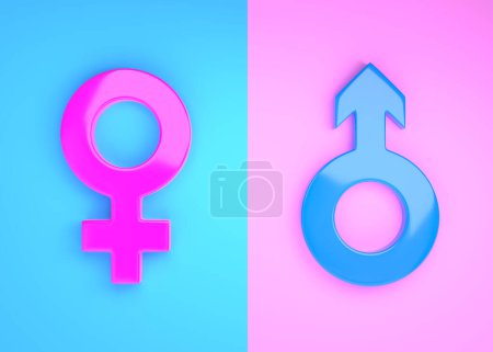 Foto de Símbolos masculinos y femeninos sobre fondo rosa brillante y azul en colores pastel. Concepto minimalista. Símbolos sexuales. Signo de Venus y Marte. Icono de género. Un par de hombres y mujeres. Render 3d Ilustración 3d - Imagen libre de derechos
