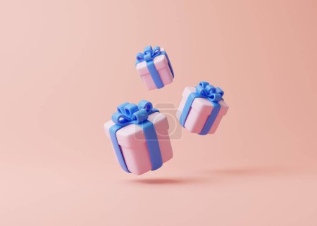 Gift boxes fly on a pastel pink background. Holiday decoration. Festive gift surprise. Minimalist creative concept. 3d rendering illustration
