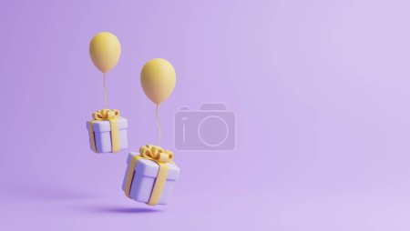 Téléchargez les photos : Coffrets cadeaux et ballons sur fond violet pastel. Décoration de vacances. Cadeau surprise festive. Concept créatif minimaliste. Illustration de rendu 3d - en image libre de droit