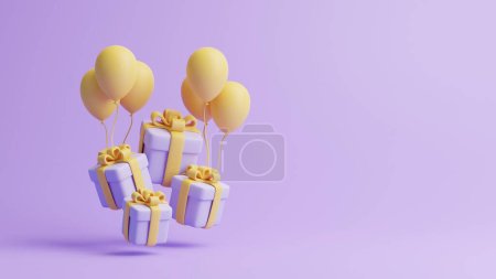 Photo for Gift boxes and balloons on pastel purple background. Holiday decoration. Festive gift surprise. Minimalist creative concept. 3d rendering illustration - Royalty Free Image