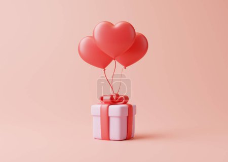 Téléchargez les photos : Coffret cadeau et ballons en forme de coeur sur fond rose pastel. Décoration de vacances. Cadeau surprise festive. Concept créatif minimaliste. Illustration de rendu 3d - en image libre de droit