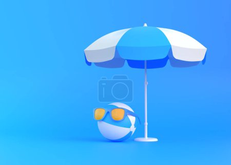Téléchargez les photos : Balle de plage sous parapluie portant des lunettes de soleil sur fond bleu. Concept vacances d'été. Concept abstrait créatif minimal. Illustration de rendu 3d - en image libre de droit