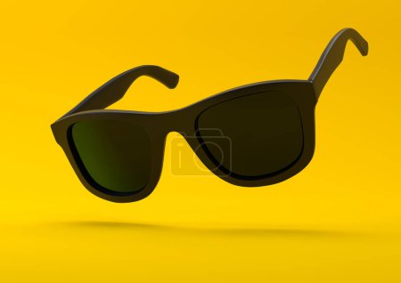 Photo for Black summer sunglasses falling down on a pastel bright yellow background. Side view. Creative minimal concept. 3d rendering illustration - Royalty Free Image