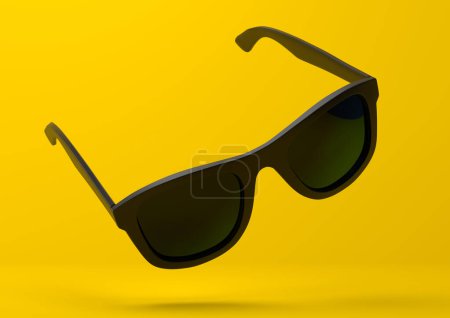 Photo for Black summer sunglasses falling down on a pastel bright yellow background. Side view. Creative minimal concept. 3d rendering illustration - Royalty Free Image
