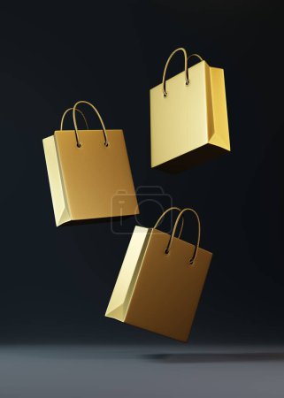 Photo for Flying empty gold color shopping bags on the black background, copy space text, creative concept. 3d render illustration - Royalty Free Image
