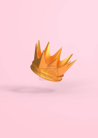 Photo for Golden crown flies on a pink background. Minimal creative concept. 3D rendering, 3D illustration - Royalty Free Image