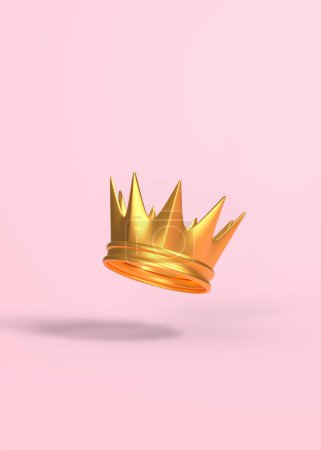 Foto de La corona dorada vuela sobre un fondo rosa. Concepto creativo mínimo. Renderizado 3D, ilustración 3D - Imagen libre de derechos