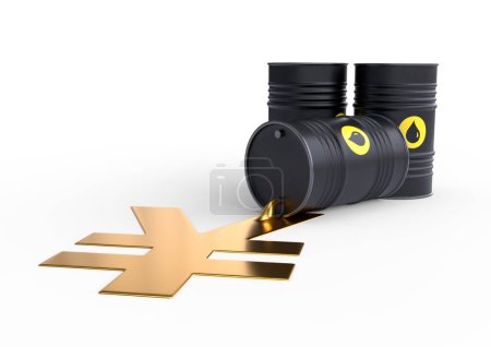 Foto de Barril de aceite derramando signo de yen dorado sobre un fondo blanco. Cañón negro del que se derrama petróleo. Precios del petróleo inflación. Ilustración de representación 3D - Imagen libre de derechos