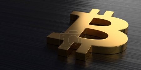 Goldenes Bitcoin-Zeichen liegt auf dunklem Chrom-Hintergrund. 3D-Darstellung