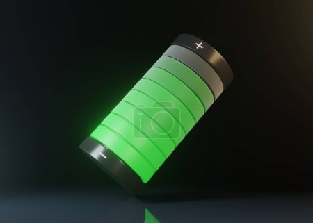 Téléchargez les photos : Batterie chargée avec lumière verte brillante isolée sur fond noir. Illustration de rendu 3D - en image libre de droit
