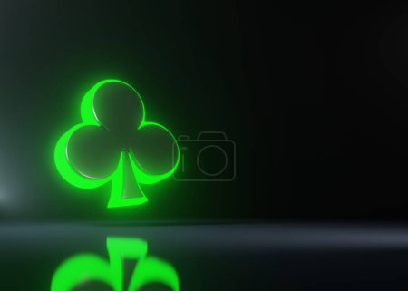 Foto de Ases jugando a las cartas de los clubes de símbolos con futuristas luces de neón verde brillante aislado en el fondo negro. ilustración de renderizado 3d - Imagen libre de derechos