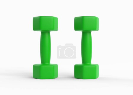 Photo for Fitness dumbbells pair. Two green color rubber or plastic coated dumbbell weights isolated on white background. Training workout equipment. Sport and exercises. Losing weight. 3d render illustration - Royalty Free Image