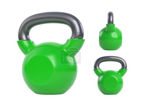Photo for Green kettlebell over white background. View from all sides. Heavy weights. Gym and fitness equipment. Workout tools. Muscle exercise, bodybuilding or fitness concept. 3D rendering illustration - Royalty Free Image