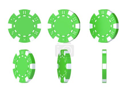 Foto de Fichas de casino verde desde diferentes ángulos aislados sobre fondo blanco. Juego de apuestas, concepto de casino. Ilustración de representación 3D - Imagen libre de derechos