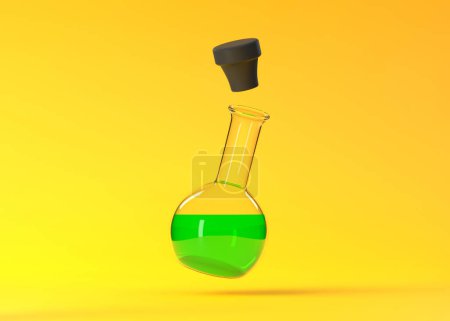 Foto de Frasco con moscas líquidas verdes sobre fondo amarillo. Matraz químico, cristalería de laboratorio, equipo. Concepto mínimo. Ilustración de representación 3d - Imagen libre de derechos