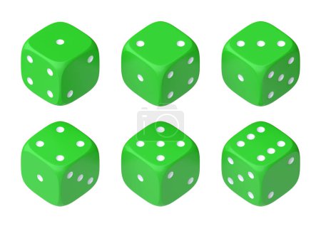 Photo for Set of six green dice with white dots hanging in half turn showing different numbers. Lucky dice. Rolling dice. Board games. Money bets. 3D rendering illustration - Royalty Free Image