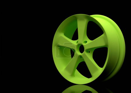 Photo for Aluminium alloy car wheel. Green alloy rim for car, tracks on black background. 3d rendering illustration - Royalty Free Image