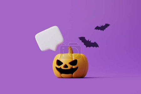 Foto de Calabaza Jack-o-Lantern con burbuja del habla y murciélagos sobre fondo púrpura. Feliz concepto de Halloween. Vacaciones tradicionales de octubre. Ilustración de representación 3d - Imagen libre de derechos