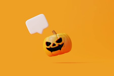 Photo for Jack-o-Lantern pumpkin with speech bubble on orange background. Happy Halloween concept. Traditional october holiday. 3d rendering illustration - Royalty Free Image