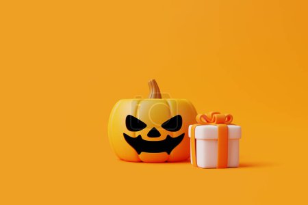 Foto de Caja de regalo de dibujos animados con calabaza Jack-o-Lantern de Halloween sobre fondo naranja. Feliz concepto de Halloween. Vacaciones tradicionales de octubre. Ilustración de representación 3d - Imagen libre de derechos