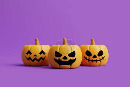 Téléchargez les photos : Citrouilles Jack-o-Lantern sur fond violet. Joyeux Halloween concept. Vacances traditionnelles d'octobre. Illustration de rendu 3d - en image libre de droit