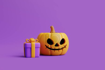 Téléchargez les photos : Coffret cadeau dessin animé avec citrouille Halloween Jack-o-Lantern sur fond violet. Joyeux Halloween concept. Vacances traditionnelles d'octobre. Illustration de rendu 3d - en image libre de droit