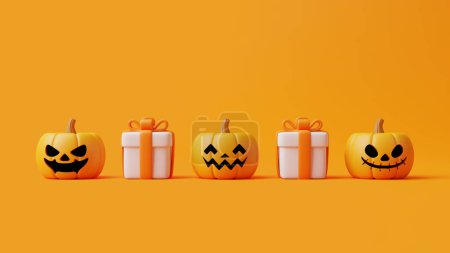 Foto de Cajas de regalo de dibujos animados con calabazas Jack-o-Lantern de Halloween sobre fondo naranja. Feliz concepto de Halloween. Vacaciones tradicionales de octubre. Ilustración de representación 3d - Imagen libre de derechos