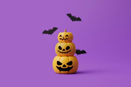 Foto de Calabazas Jack-o-Lantern con murciélagos sobre fondo púrpura. Feliz concepto de Halloween. Vacaciones tradicionales de octubre. Ilustración de representación 3d - Imagen libre de derechos